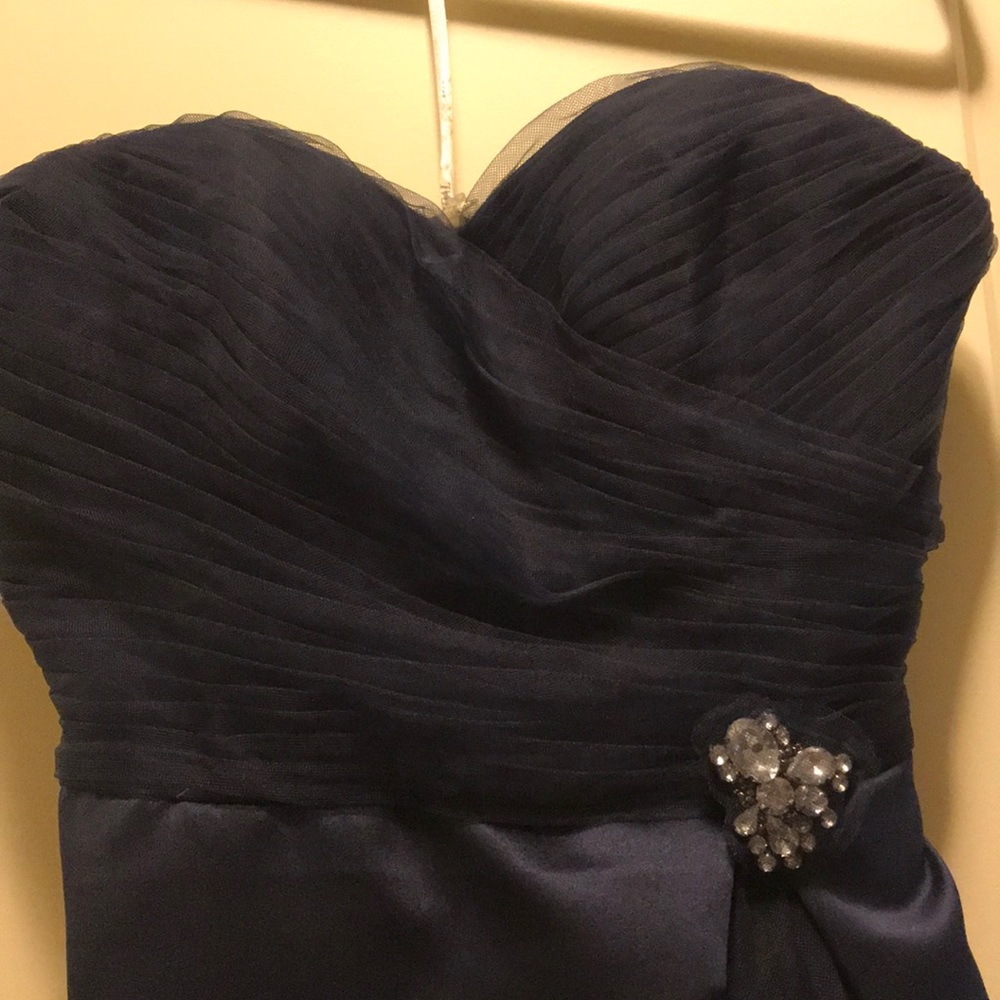 Navy blue strapless gown satin/chiffon with broach